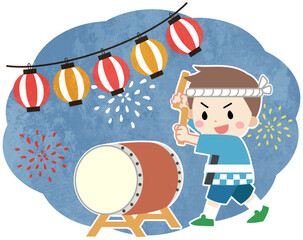 夏祭りで太鼓を叩く子供のイラスト