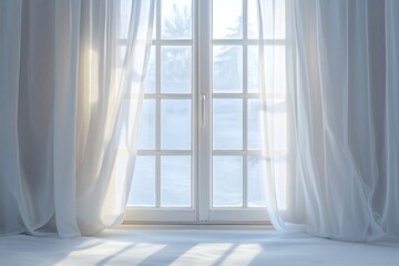Sunlight streams through sheer curtains, illuminating a bright room with a window view.  A serene and ethereal scene.