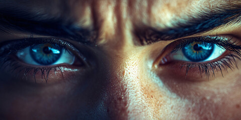 Naklejka premium A close-up shot of a person's intense blue eyes, conveying a strong emotion.