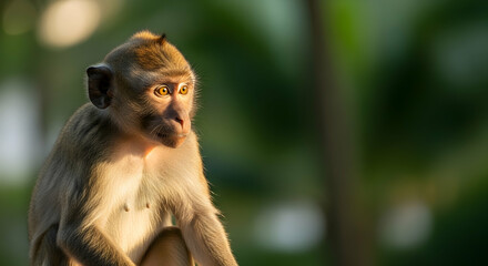 Fototapeta premium Monkey, Macaque, Primate, Young Macaque Monkey in Golden Light