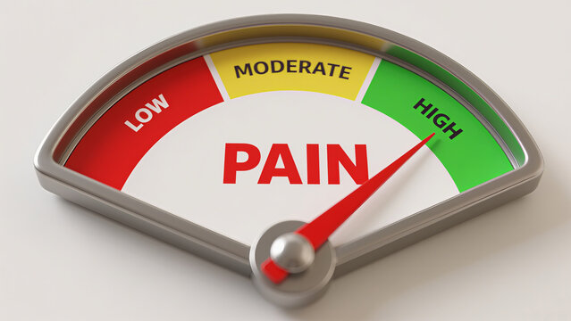 The colored pain dashboard represents the concept of quantifying pain levels and is suitable for medical assessment and pain monitoring scenarios.