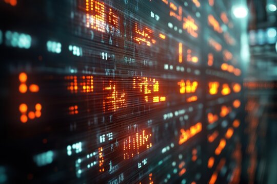 Fictional stock market tickers display trends and data on Wall Street in a vibrant digital environment, Wall Street stock market fictional tickers on trading board Seamless 3D render