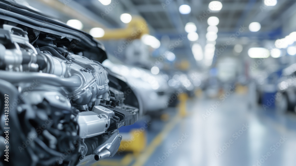 Poster high quality side view of engine testing unit in modern automotive assembly facility, showcasing adv