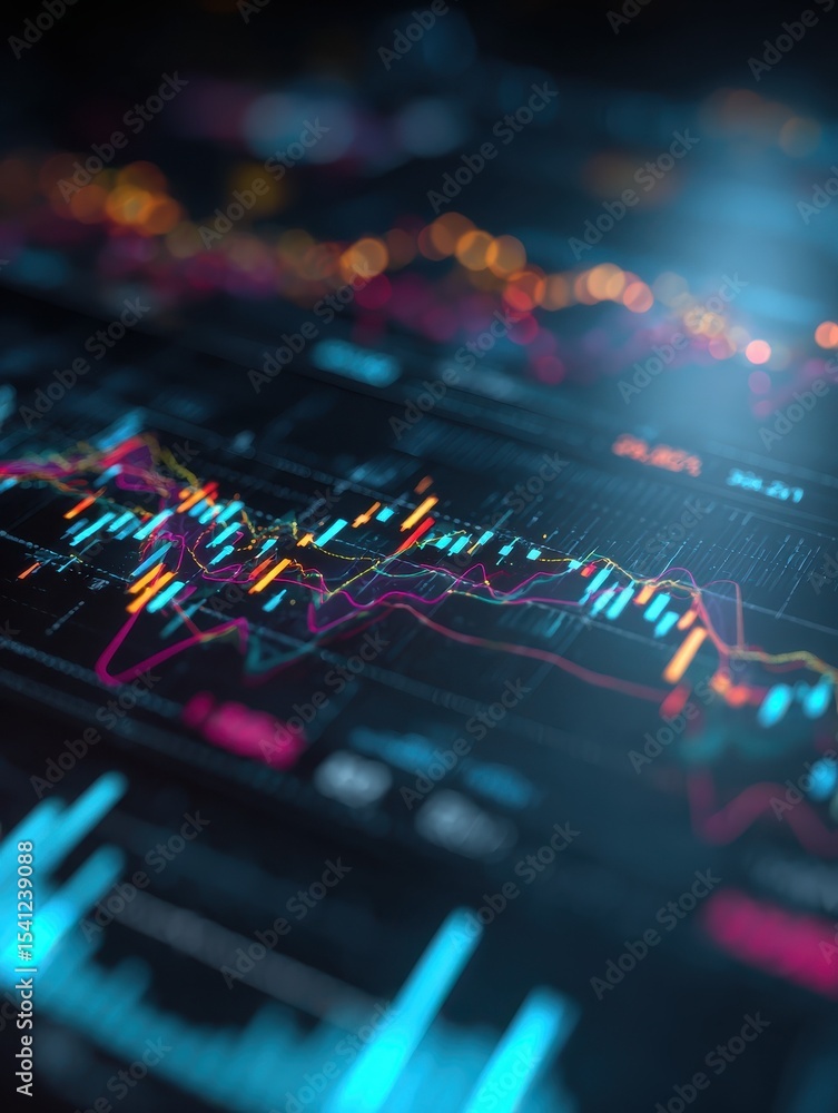 Poster abstract financial data visualization with fluctuating graphs and charts displayed on a digital scre