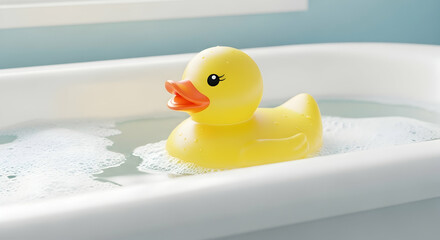 Rubber duck, Yellow duck, Bathtub, Yellow Rubber Duck in a Bathtub with Bubbles