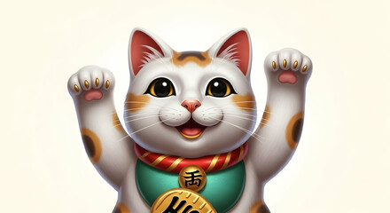 Fototapeta premium Maneki-neko, Beckoning cat, Lucky cat, Happy Maneki-neko Cat Raising Paws