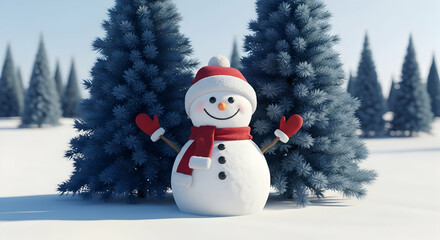 Fototapeta premium Snowman, Winter, Snow, Cheerful Snowman in Snowy Winter Wonderland
