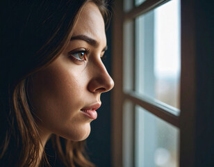 美女が窓の外を見つめる姿