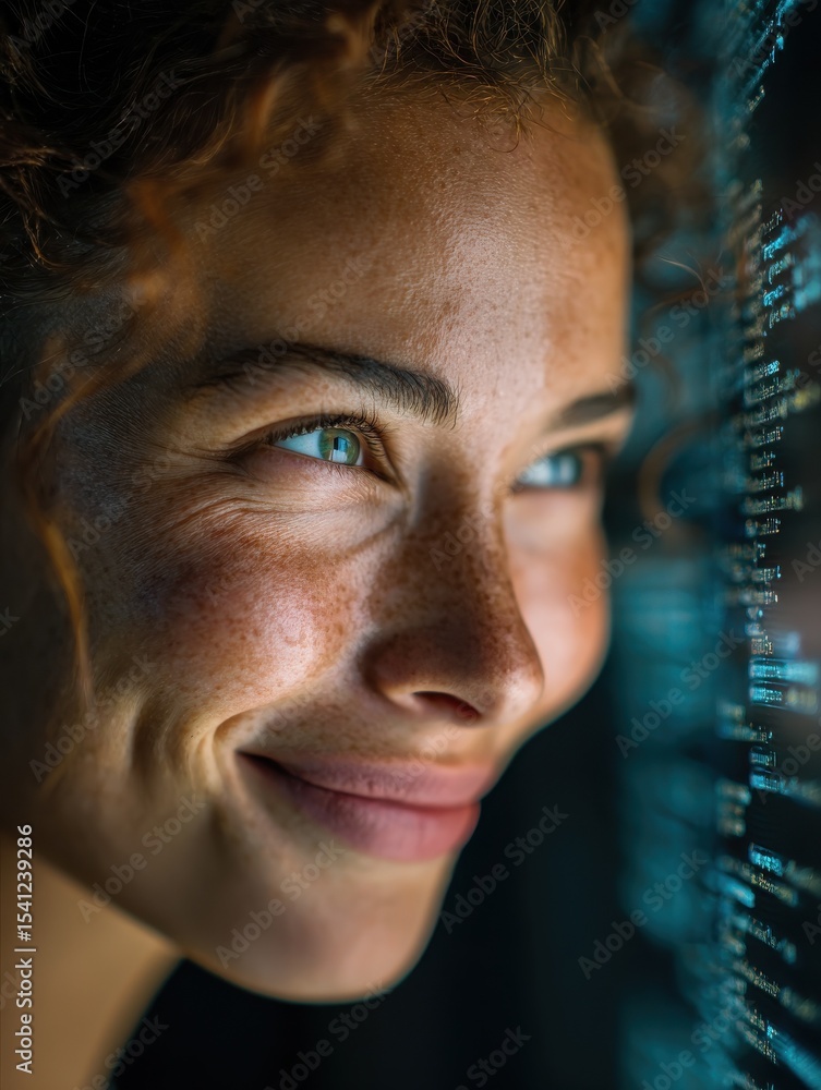 Aufkleber woman coding with a smile, a close-up view, showcases the joy and passion of software development he