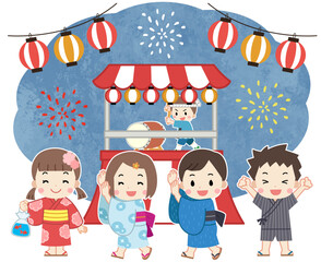 夏祭りで縁日を楽しむ浴衣を着た子供たちのイラスト