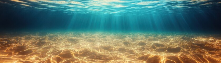 Underwater scene showing sun rays penetrating clear water above a sandy ocean floor with gentle ripples and patterns.