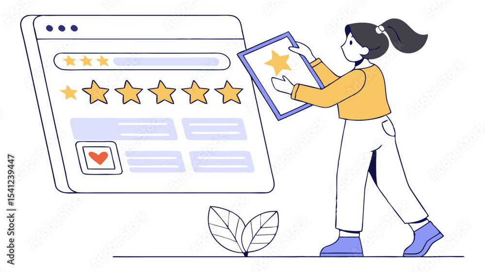 Poster woman adding a star to a rating interface with stars and a heart icon on a screen with leaves below 