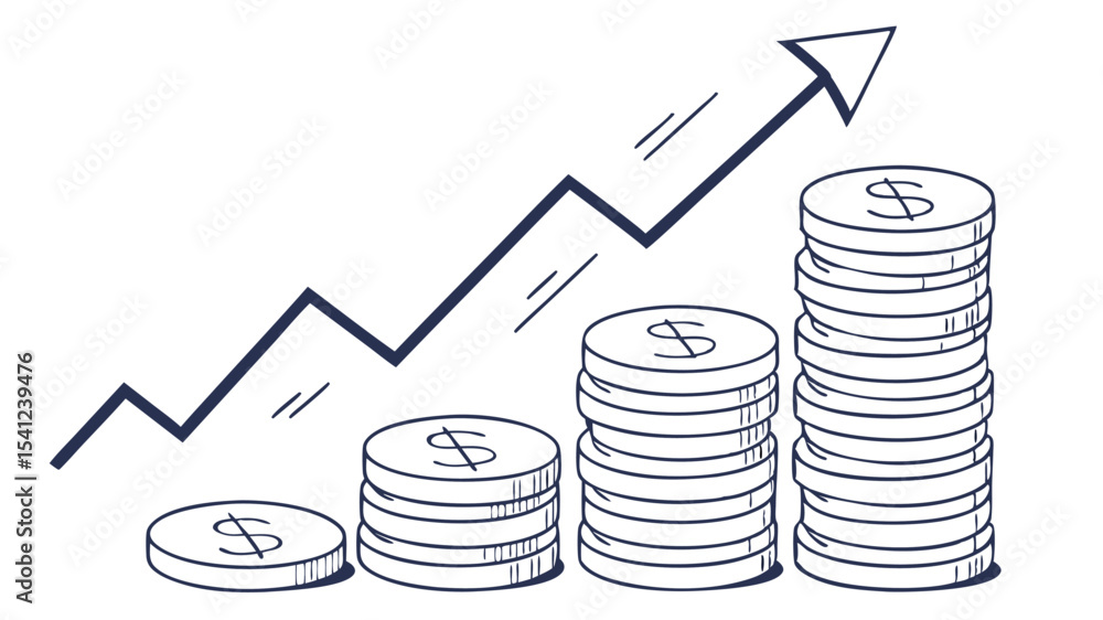 Poster illustration showing increasing stacks of coins with a dollar sign and an upward trending arrow line
