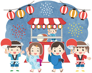 夏祭りを楽しむ浴衣と法被を着た子供たちのイラスト