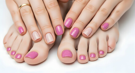 Manicure, Pedicure, Nails, Close-up of Female Hands and Feet with Pink and Beige Nail Polish