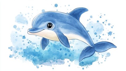 Obraz premium A watercolor illustration of a playful blue dolphin swimming amidst splashes of water.