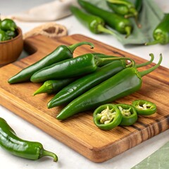 Fresh green jalapeno peppers on a wooden cutting board with sliced pepper pieces