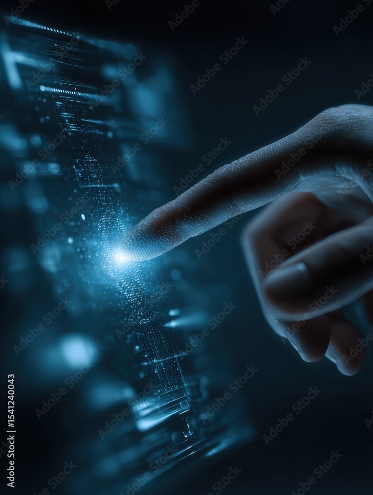 Poster hand touching futuristic digital screen with rebooting display in neon blue glow, representing techn