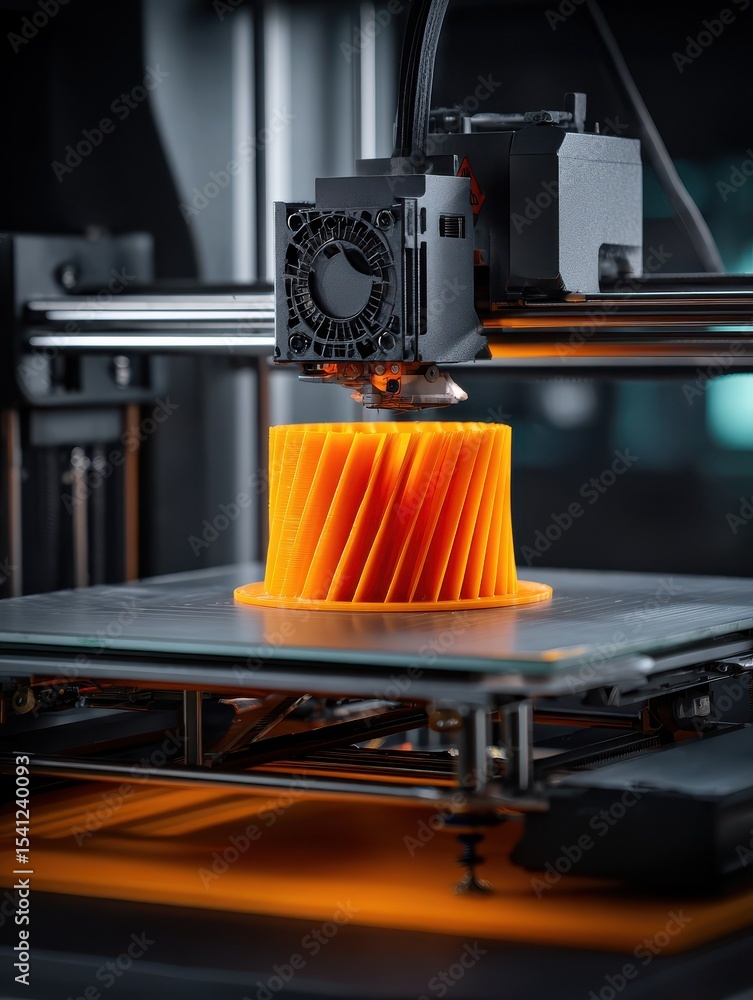 Aufkleber 3d printing technology is showcased with advanced printer creating vibrant orange object, highlighti