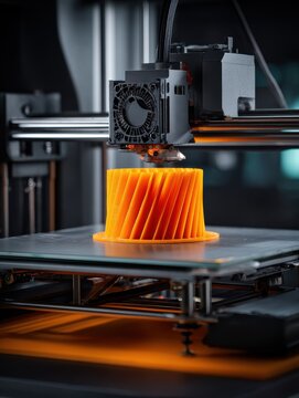 3D printing technology is showcased with advanced printer creating vibrant orange object, highlighting innovation and precision in high tech engineering