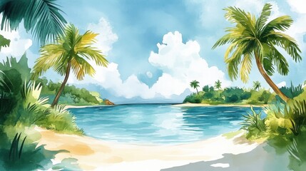 A serene tropical beach scene with palm trees, lush greenery, sandy shore, and calm blue ocean under a partly cloudy sky.