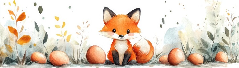 Fototapeta premium A cute watercolor fox surrounded by autumn leaves and plants in a whimsical, nature-inspired scene.