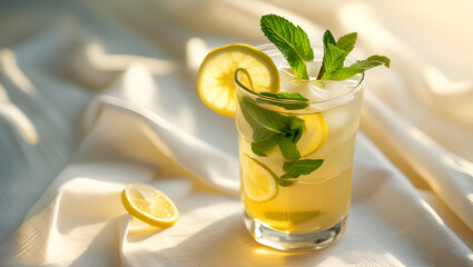 Chilled Lemon Mint Drink in a Clear Glass.

 