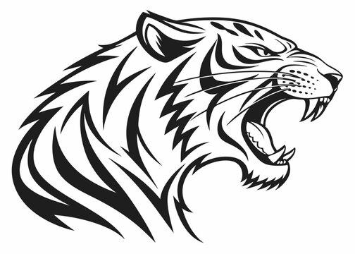 Fierce Angry Tiger Vector Illustration &ndash; Roaring Tribal Style, Bold Lines, Perfect for Tattoo or Logo