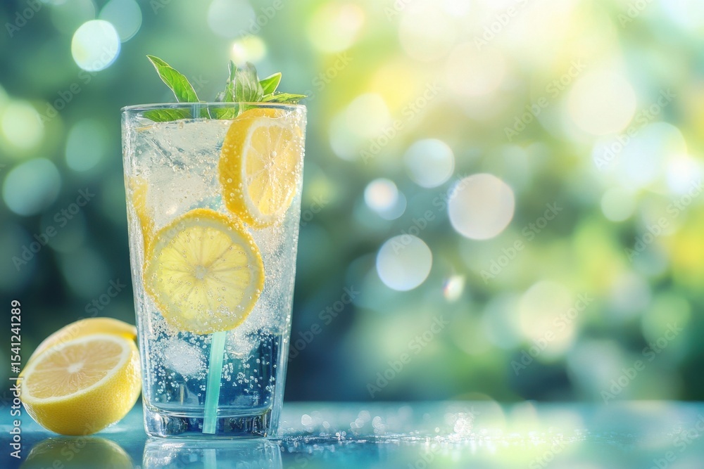 Poster refreshing lemonade served with lemon slices in a clear glass on a sunny day surrounded by greenery,