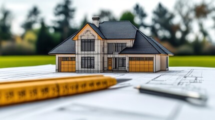 A 3D house model overlay on architectural blueprints, surrounded by a measuring tape and pencil, illustrating home design and construction planning.