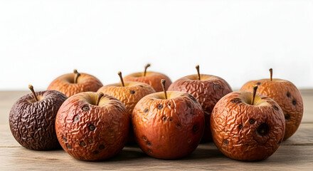 Rotten apples, Spoiled apples, Decaying apples, Group of Rotten Apples on Wooden Table