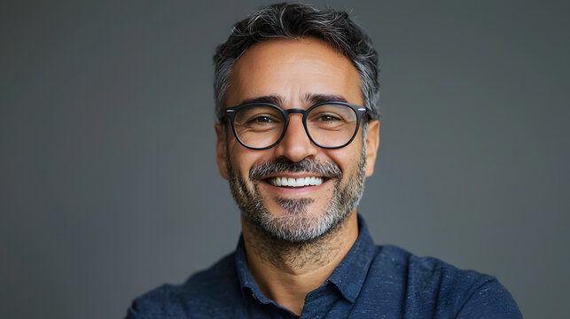 Middle age bussines arab man wearing glasses over isolated background with a happy and cool