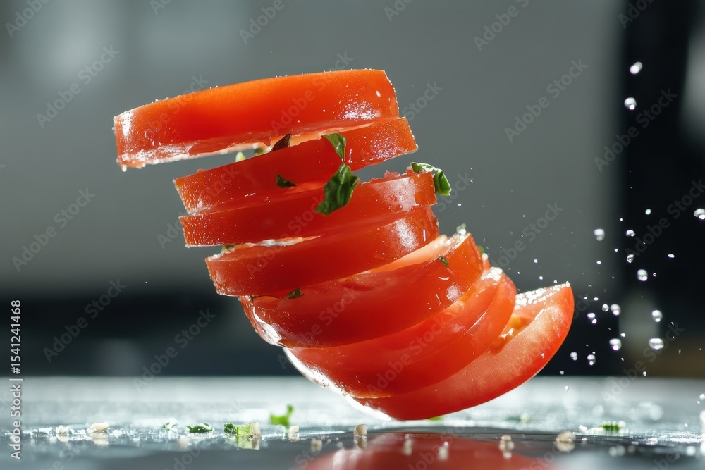 Poster sliced tomato falling in ultra slow motion with droplets and herbs creating dynamic visual effect, s