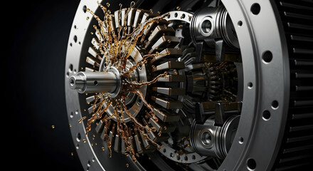 Gear, Gears, Mechanism, Close-up of Rotating Gear Mechanism with Oil Splash