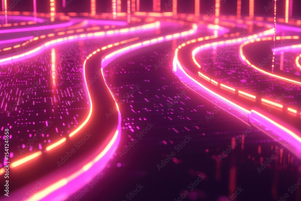 Poster futuristic neon lines create a dynamic and vibrant digital landscape at dusk, curved glowing neon li