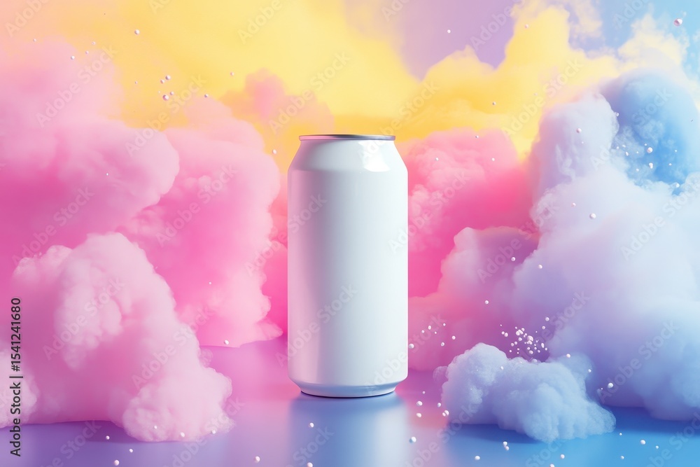 Poster floating white can surrounded by dreamy pastel clouds in an abstract setting, white can floating in 