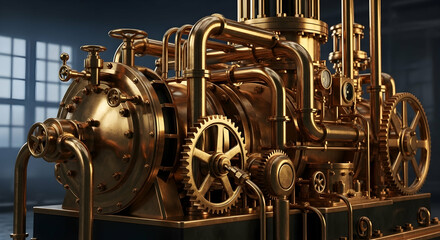 Steampunk, Engine, Machine, Golden Steampunk Engine