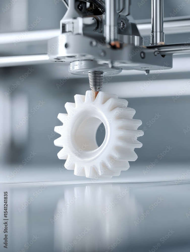 Aufkleber 3d printing filament plastic concept. a 3d printer is creating a white gear-shaped object on a smoot