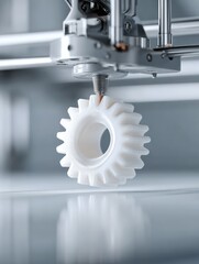 3D Printing Filament Plastic concept. A 3D printer is creating a white gear-shaped object on a smooth surface, showcasing advanced manufacturing technology.