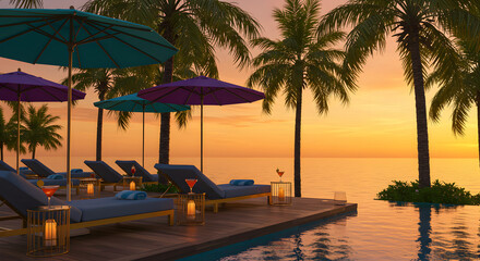 Obraz premium Tropical sunset scene with pool, beach chairs, cocktails, palm trees and umbrellas