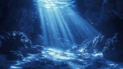 Sunlight penetrates a serene underwater cave, illuminating rocky formations and casting a magical blue glow.