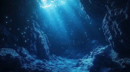A mystical underwater cave illuminated by sunlight streaming through the water, revealing rocky formations and a serene, deep blue environment.