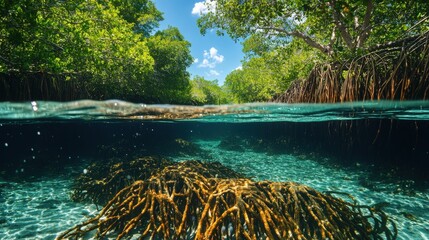 Clear water reveals mangrove roots submerged beneath, with lush green mangrove trees on both sides under a blue sky with scattered clouds.