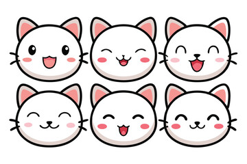 Six Adorable Cartoon White Kitten Heads with Various Smiling and Happy Expressions Isolated