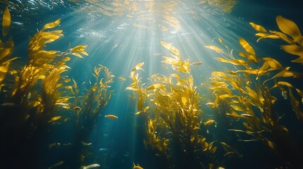 Underwater view of sunlit kelp forest with small fish swimming among waving golden seaweed strands.
