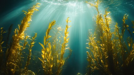 Sunlight penetrates through clear ocean water, illuminating tall golden kelp plants swaying underwater.