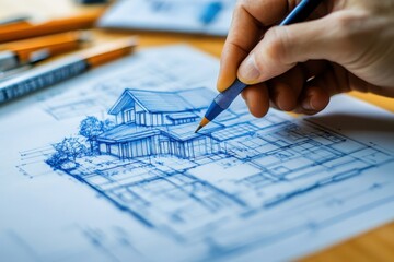 A hand sketching a detailed architectural blueprint of a modern house using a blue pencil on a workspace with drawing tools.