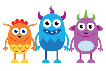 Fototapeta premium Three Colorful Cartoon Monsters Standing Side by Side on a White Background