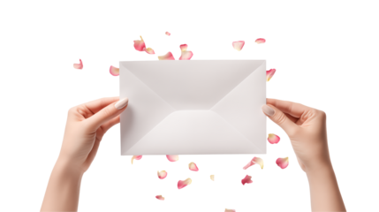 Elegant Hands Hold Blank Envelope with Rose Petals Falling