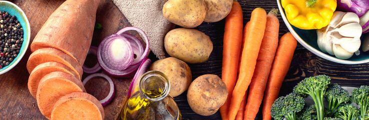 Fresh ingredients for healthy cooking  on rustic wooden background